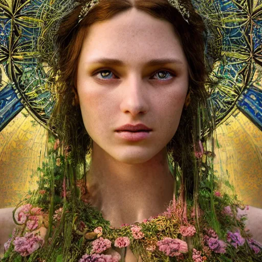 Image similar to portrait of a beautiful enchanted pagan female, depth of field, zeiss lens, detailed, symmetrical, centered, by annie leibovitz and steve mccurry, david lazar, jimmy nelsson, alphonse mucha, klimt, breathtaking, 8 k resolution, extremely detailed, beautiful, establishing shot, artistic, hyperrealistic, beautiful face, octane render