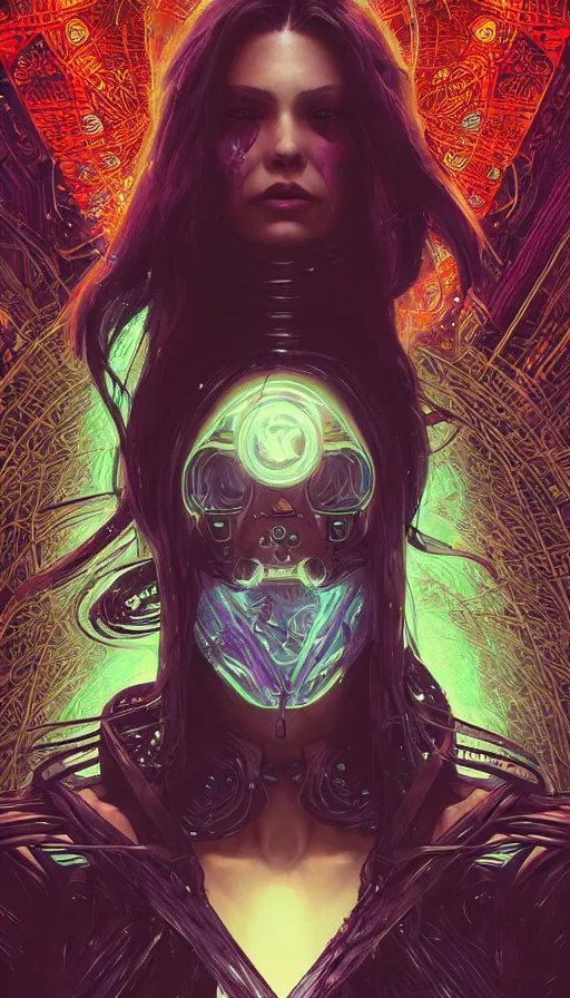 Image similar to cyberpunk angry gorgeous warlock, neon, fibonacci, sweat drops, insane, intricate, highly detailed, digital painting, artstation, concept art, smooth, sharp focus, illustration, Unreal Engine 5, 8K, art by artgerm and greg rutkowski and alphonse mucha