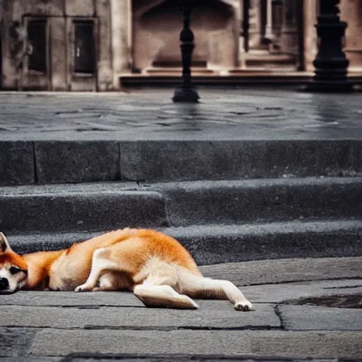 Prompt: shiba inu german shepherd mix dog lying on the street in ancient florence, high quality digital art, cinematic lighting, moody lighting