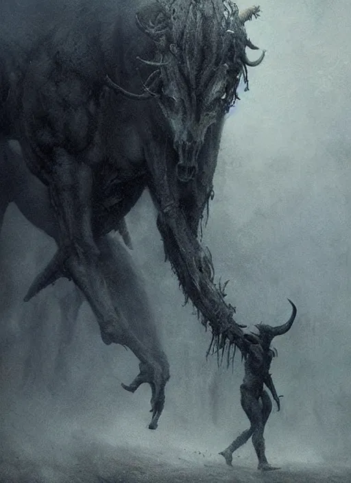 Image similar to a creepy atmospheric painting of a slender humanoid minotaur creature emerging from the mist. painting by greg rutkowski and hr giger.