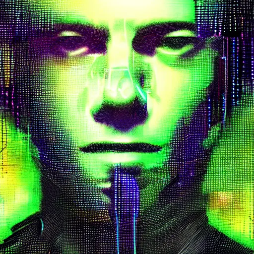 Prompt: hyperrealistic portrait of a cyberpunk teenager, male, smiling, immersed within a glitch network, digital ui, by Guy Denning, Metzinger, Russ Mills, glitch art, hacking effects, glitch effects, digital al tech effects, chromatic, color blocking!, green blockings, acrylic on canvas, concept art, abstract, trending on cgsociety, trending on artstation