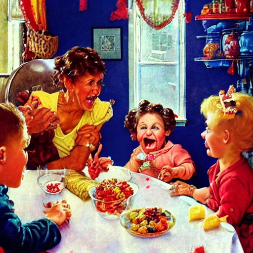 Prompt: hyper realistic hight detailed grandmother with a big mouth eating babies and gummi bears on the table in the russian kitchen, by norman rockwell, bright colors, 4 k, 1 6 k, 3 2 k, photorealistic, cartoon style