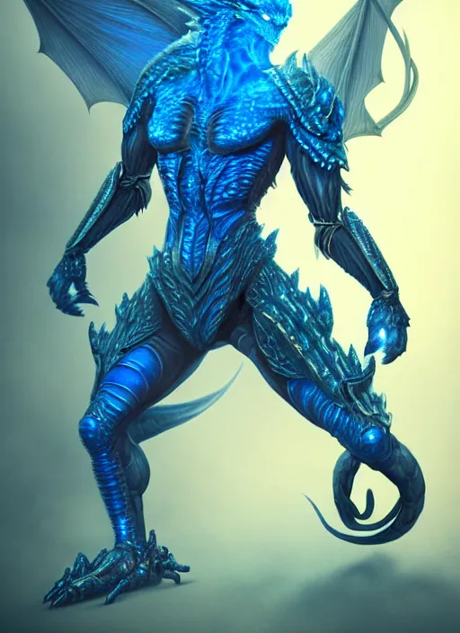 Image similar to muscular and tall blue ghostly fire humanoid dragon!!!! draconian!! intricate ornate iridescent heavy armor!! character concept art, sharp focus, octane render! unreal engine 5! highly rendered!! trending on artstation!! detailed linework!! illustration by artgerm, wlop, and chie yoshii