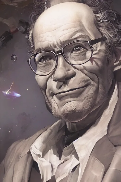 Image similar to portrait of isaac asimov by artgerm and Craig Mullins, James Jean, Andrey Ryabovichev, Mark Simonetti and Peter Morbacher 16k