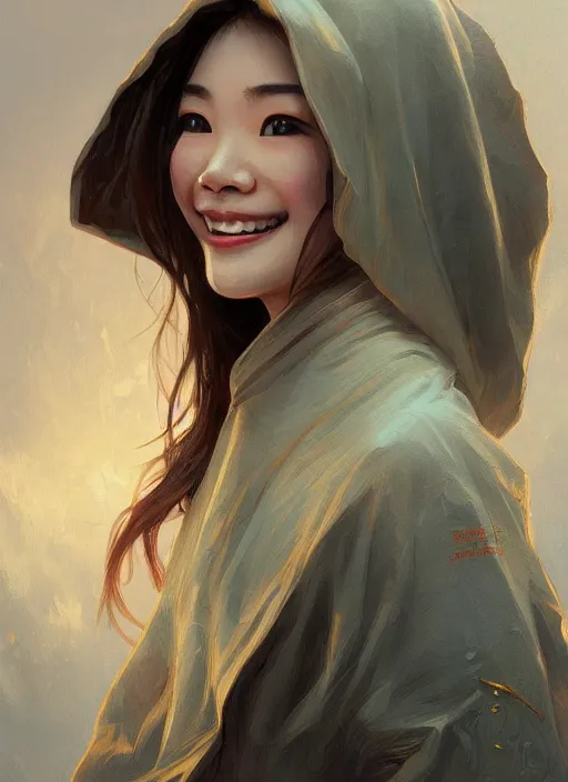 Image similar to Close-up portrait of smiling young asian woman wearing hood, portrait, highly detailed, digital painting, artstation, concept art, sharp focus, illustration, art by artgerm and greg rutkowski and alphonse mucha