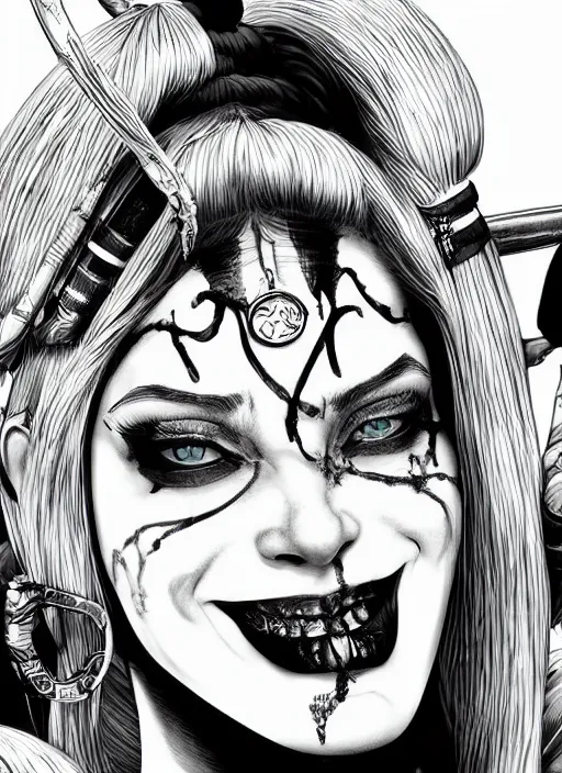 Image similar to highly detailed ink illustration of harley quinn, unreal engine, octane render, b & w clean shaped illustration by kim jung gi, ron english and eiichiro oda