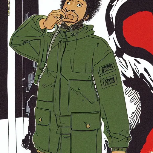 Image similar to illustration by katsuhiro otomo, black man with afro hair, raspy beard stubble, wearing an adidas army green jacket, in the streets of tokyo, akira style, by katsuhiro otomo