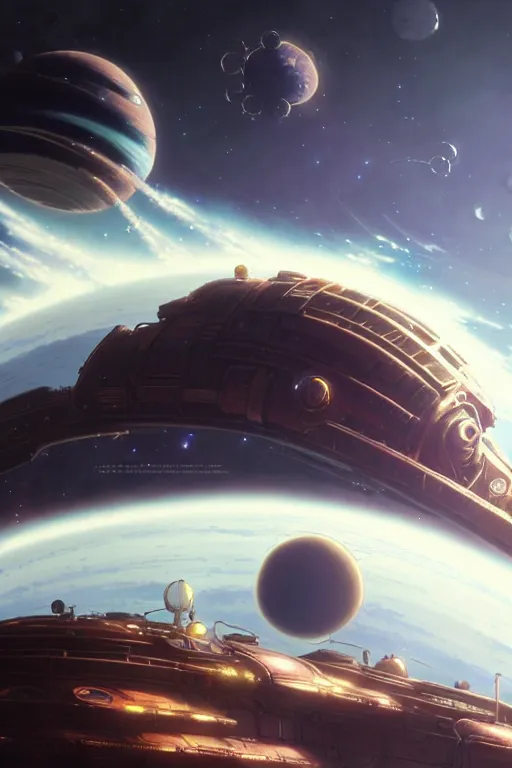 Image similar to steampunk spaceship infront of a planet, exquisite details, denoised, mid view, by karl kopinski, artsation, greg rutkowski, makoto shinkai, takashi takeuchi, studio ghibli