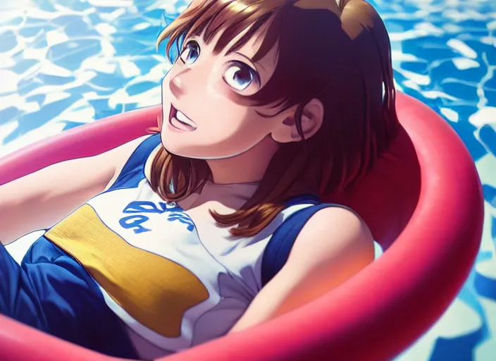 Image similar to closeup portrait of ochaco uraraka from my hero academia relaxing in jeans and a t - shirt on a floating pool chair, sunny, bright, reflections, intricate, sharp focus, lens flare, bloom, illustration, highly detailed, digital painting, concept art, matte, art by ruan jia and wlop and greg rutkowski, masterpiece