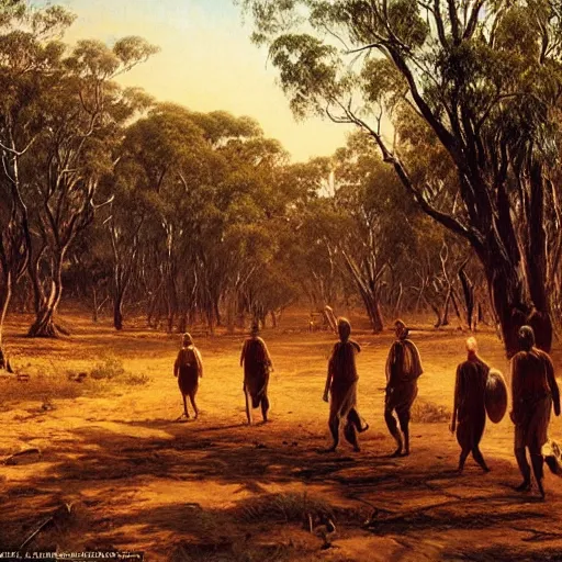 Prompt: Australian aborigines walking through the outback, a beautiful painting by ivan shishkin, matte painting