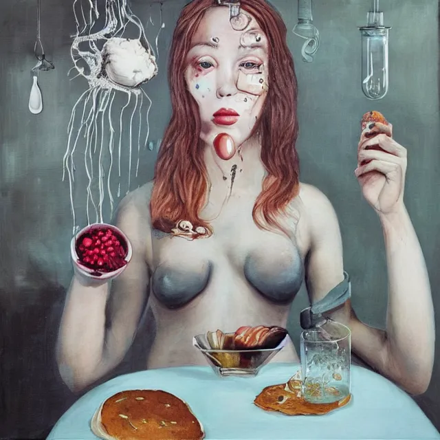 Prompt: “ sensual, a portrait in a female art student ’ s apartment, pancakes, woman holding a brain from inside a painting, berries, octopus, iv drip ; scientific glassware, art supplies, a candle dripping white wax, berry juice drips, neo - expressionism, surrealism, acrylic and spray paint and oilstick on canvas ”