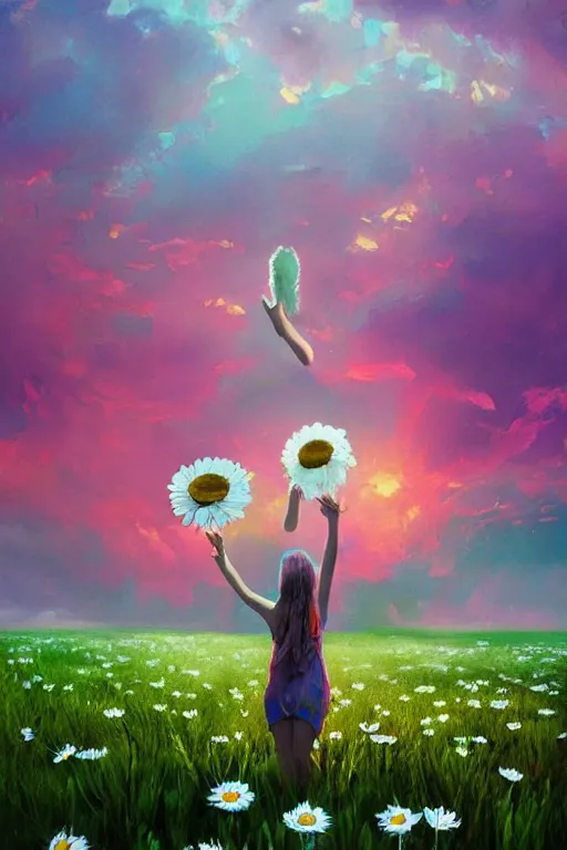 Image similar to giant white daisy flower as head, girl dancing in a flower field, surreal photography, sunrise, dramatic light, impressionist painting, colorful clouds, digital painting, artstation, simon stalenhag