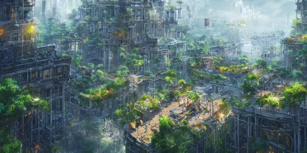 Prompt: a utopian city, filled with fauna, with building floating around everywhere, building cover with plant, dynamic lighting, fantasy concept art, trending on art station, stunning visuals, creative, cinematic, intricately detailed, unreal engine, 4 k