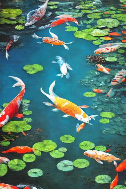 Image similar to nenufar in a pond surrounded by koi carp, colorful, blue backgroung,clean, joyful, intricate, elegant, volumetric lighting, scenery, digital painting, highly detailed, artstation, sharp focus, illustration, concept art, ruan jia, steve mccurry