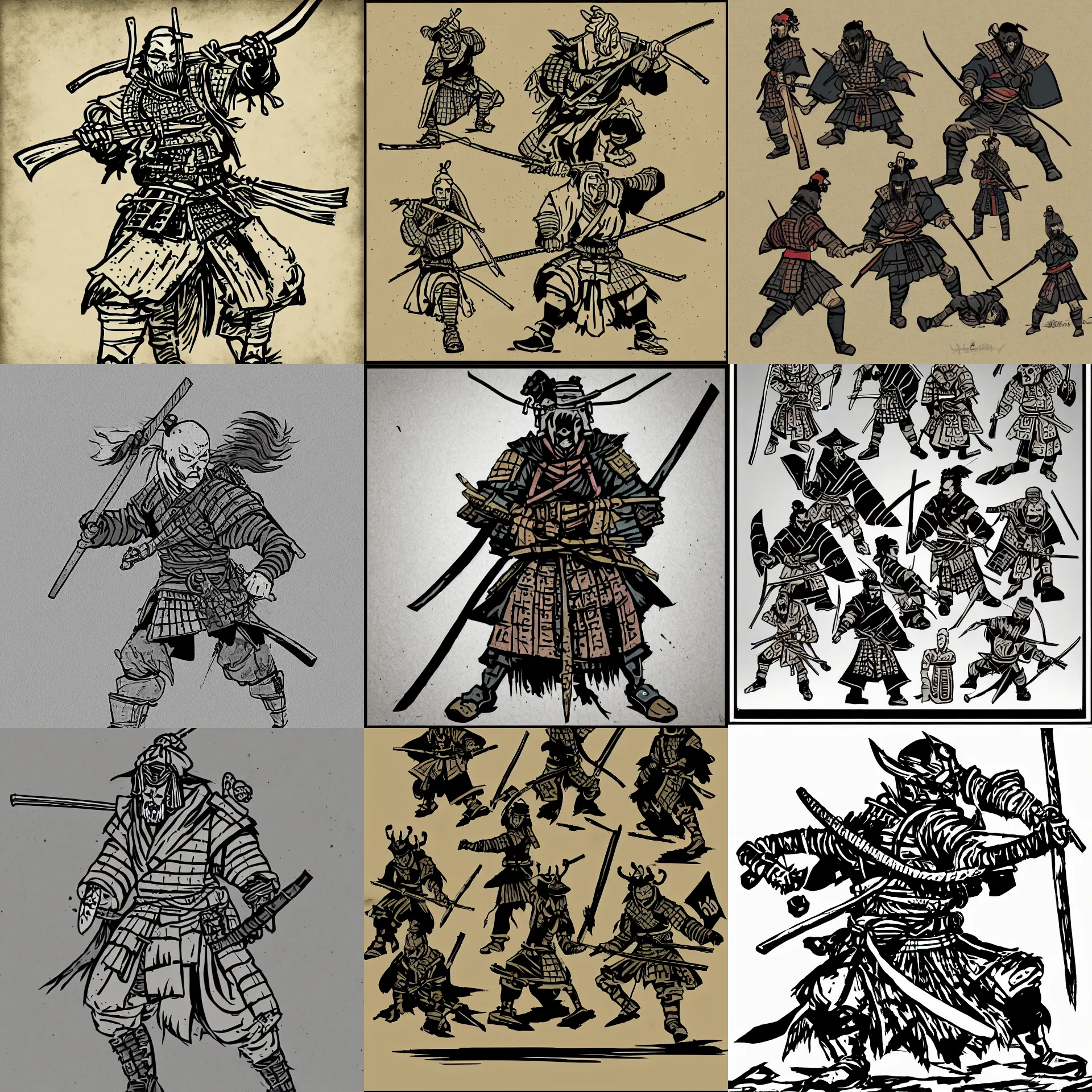 Prompt: samurai in darkest dungeon style, heavy lines, muted flat colors