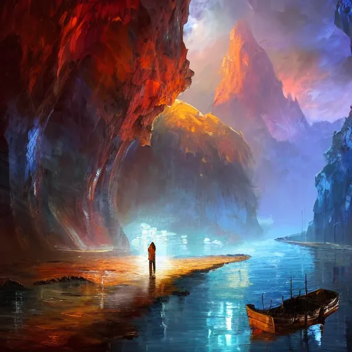 Prompt: a highly detailed 4 k fantasy matte oil painting by afremov of city inside cave built around a long river. artstation, cgsociety, unreal engine, concept art, red and blue color scheme.