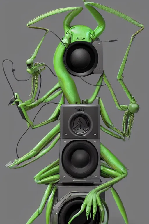 Prompt: a praying mantis kaiju DJ wearing headphones and carrying two big subwoofer speaker boxes, featured on artstation, cgsociety