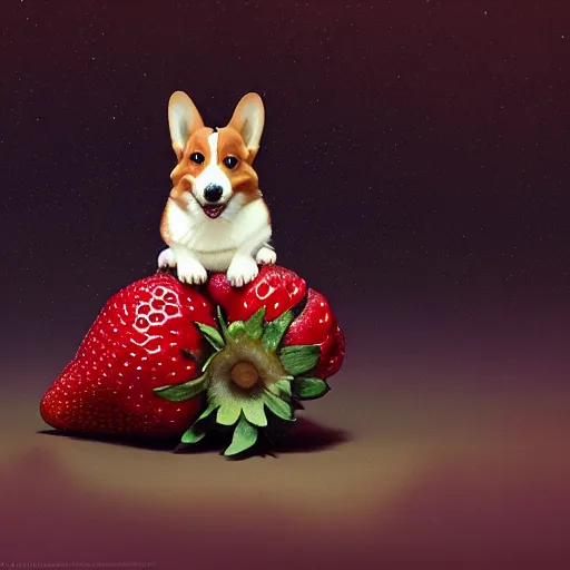 Image similar to corgi as a strawberry : by michal karcz, daniel merriam, victo ngai and guillermo del toro : ornate, dynamic, particulate, intricate, elegant, highly detailed, centered, artstation, smooth, sharp focus, octane render