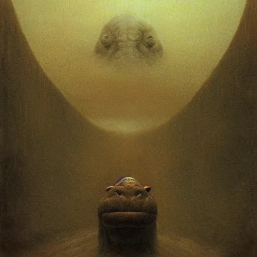 Image similar to hippopotamus, junji ito, beksinski, greg rutkowski, eldritch, horror spooky, cinematic landscape, creepy creature