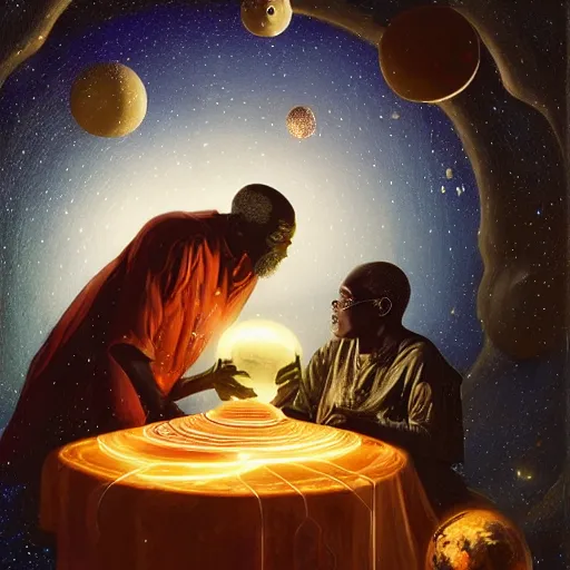 Prompt: an elder african psychic reading his crystal ball under a meteor shower, greg rutkowski and android jones and amanda sage, oil on canvas, 8k