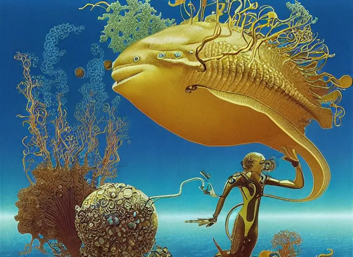 Prompt: afro - futurist scuba divers swimming away from a gigantic alien fish, hyperrealistic digital painting by denis villeneuve, amano, yves tanguy, alphonse mucha, ernst haeckel, max ernst, roger dean