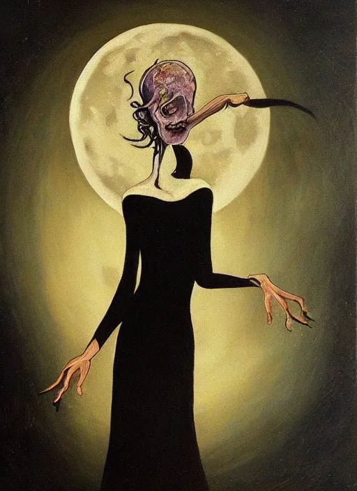 Prompt: surrealism, abstract, a dark witch in front of the full big moon, painting by abercrombie, gertrude