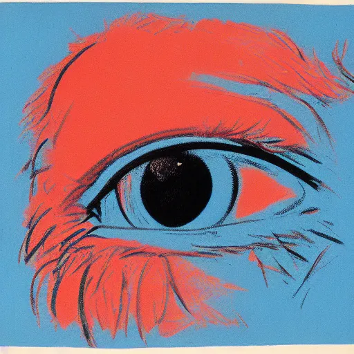 Image similar to tired by andy warhol, by edwin henry landseer warm blue, costume. a illustration of a large eye that is looking directly at the viewer. the eye is composed of a myriad of colors & patterns, & it is surrounded by smaller eyes.