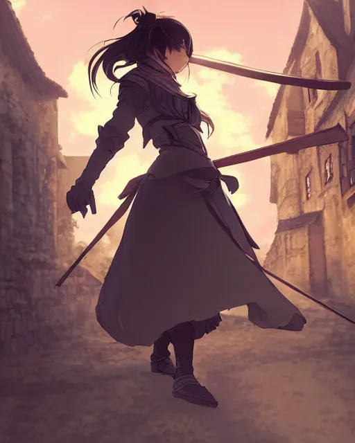 Image similar to pixiv, key anime visual portrait of a young female walking through a medieval village, dynamic pose, dynamic perspective, cinematic, dramatic lighting, detailed silhouette, film grain, yoshitaka amano, tending on artstation, face by yoh yoshinari, detailed, intricate