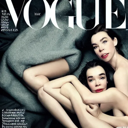 Image similar to stunning vogue magazine photo of dark - haired goddesses vanessa kirby, hailee steinfeld, and bjork smiling, legs intertwined, laying back on the bed, with wet faces!!, wet lips, perfect eyes, insanely detailed, elegant, by rutkowski, livia prima, mucha, wlop,