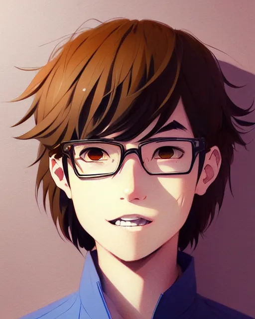 Image similar to teen boy with short chopped brown hair, bangs, unibrow, nerdy smile, portrait shinkai makoto studio ghibli studio key hideaki anno sakimichan stanley artgerm lau rossdraws james jean marc simonetti elegant highly detailed digital painting artstation pixiv