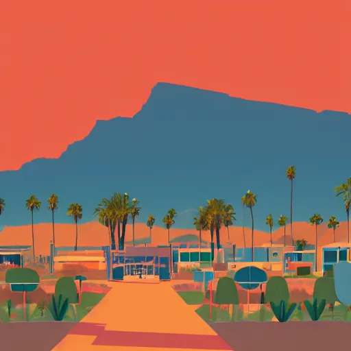 Image similar to a beautiful two color illustration of palm springs by James gilleard, green, orange, artstation HD, geometric lines, HD, 4k, 8k