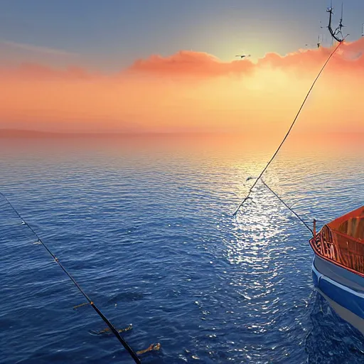 Image similar to very realistic fishing boat on the sea, unreal engine, very detailed, sunset, drone shot, 8k