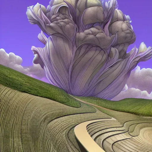 Prompt: giant angelic ancient valley flower viper garlic sunray roadster, by georgia o'keeffe and arik brauer and mœbius, flat shading, charcoal drawing, unreal engine