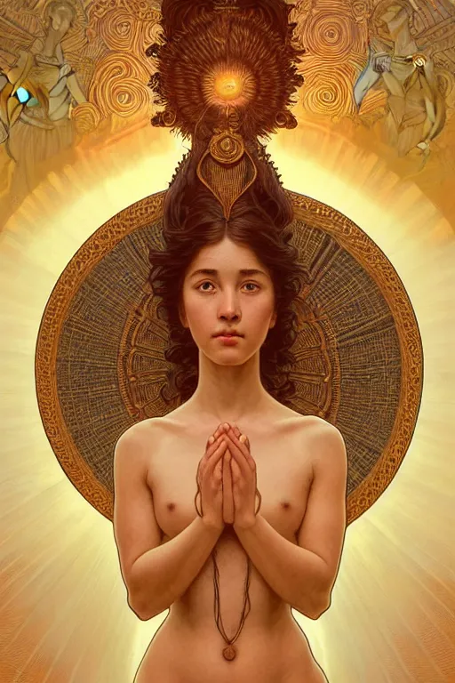 Prompt: symmetry!!!! intensely intricate tintype fan art of full frontal pose of a young sun goddess, protagonist, intertwined with a young moon goddess, antagonist, intricate, elegant, highly detailed, my rendition, digital painting, artstation, concept art, smooth, sharp focus, illustration, art by artgerm and greg rutkowski and alphonse mucha