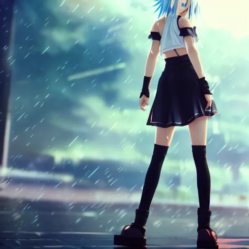 Image similar to beautiful anime girl in the style of final fantasy 7, wearing a skirt and a tanktop, perfect body, standing in the rain, high quality anime art, trending on artstation, 8K octane render, wallpaper