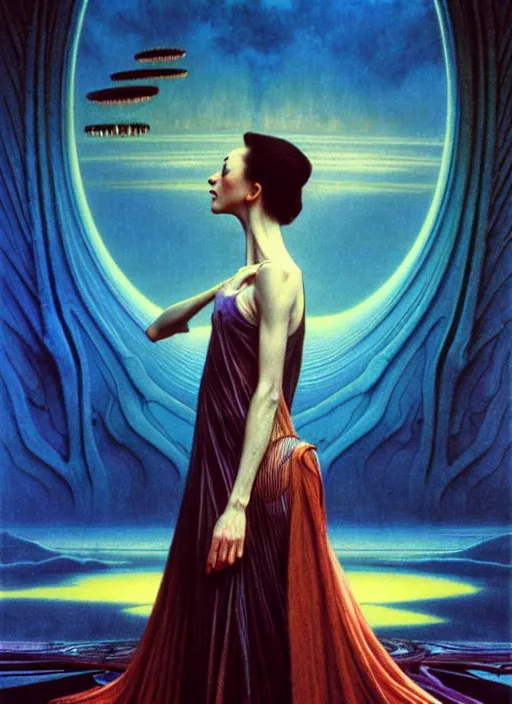 Image similar to realistic detailed portrait movie shot of a prima ballerina wearing a dark robes, sci fi city landscape background by denis villeneuve, amano, yves tanguy, alphonse mucha, ernst haeckel, max ernst, roger dean, masterpiece, rich moody colours, dog teeth, blue eyes, sunset