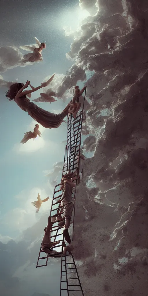 Prompt: intricate concept image of jacob sleeping dreaming angels going up and down in a ladder from earth to heaven, hyper realistic, ultra detail, octane render, cinematic, artstation