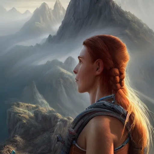 Prompt: highly detailed beautiful digital portrait painting of an adventurer woman facing away from the camera, looking at cliffs and mountains in the distant fog, trending on artstation, cgsociety