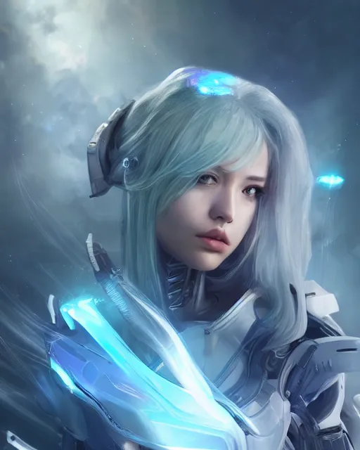 Image similar to perfect android girl on a mothership, warframe armor, beautiful face, scifi, futuristic, galaxy, nebula, bae suzy, dreamy, long white hair, blue cyborg eyes, sharp focus, cinematic lighting, highly detailed, artstation, divine, by gauthier leblanc, kazuya takahashi, huifeng huang