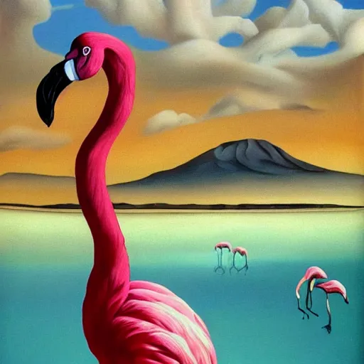 Prompt: A surreal oil painting of a puzzle containing a beautiful woman and Flamingos on a desert beach oasis by Salvador Dali, dark vibes, high contrast, cinematic, depth of field