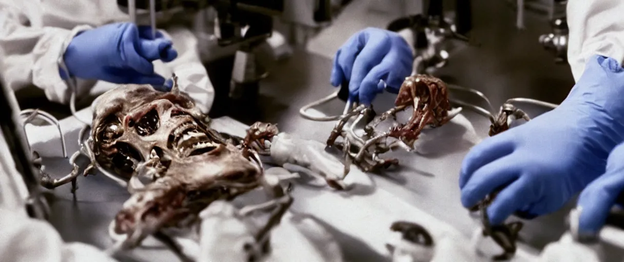 Prompt: filmic dutch angle extreme closeup movie still 4 k uhd 3 5 mm film color photograph of hands wearing surgical gloves dissecting a deceased mysterious grotesque alien specimen in a lab