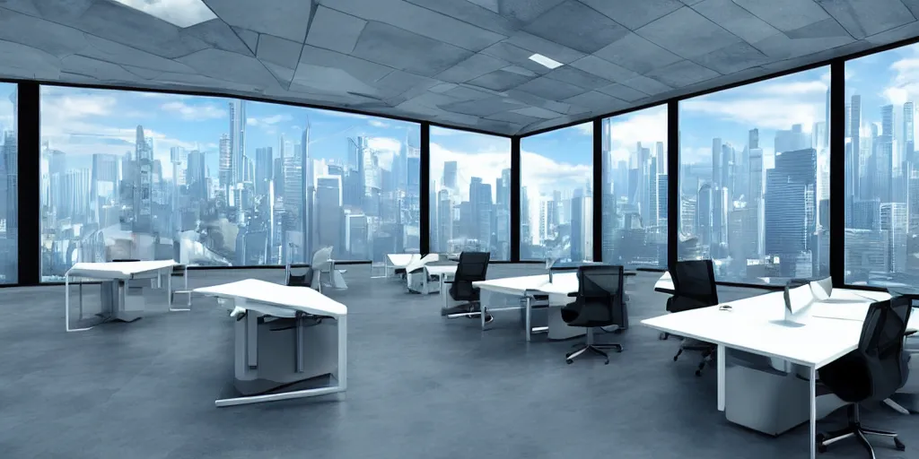 Image similar to an sci - fi futuristic office with levitating chairs, windows of a futuristic city in the background hyper - realistic digital art