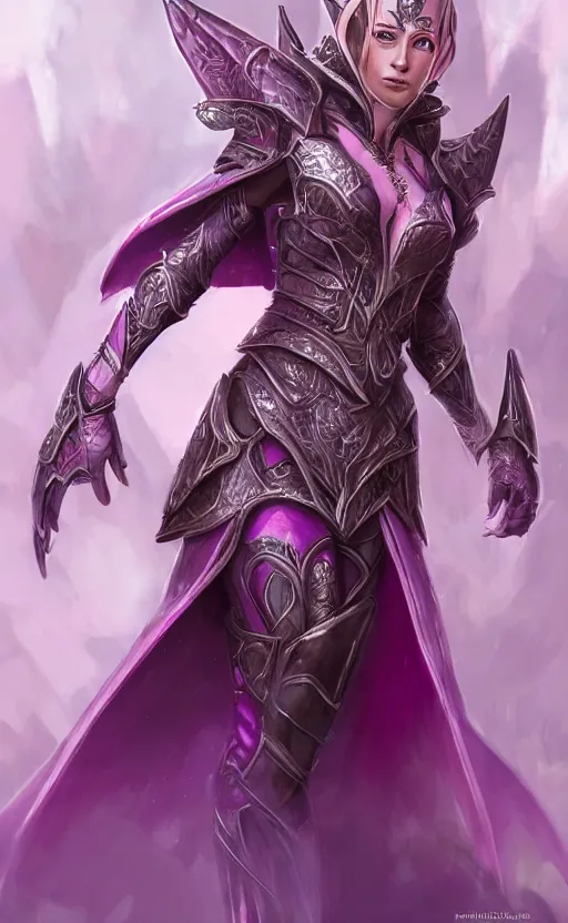 Image similar to a full body portrait of an elven woman with pink skin, and armor fit for a queen, wearing purple headphones, and smiling, dynamic lighting, photorealistic fantasy concept art, trending on art station, stunning visuals, creative, cinematic, ultra detailed