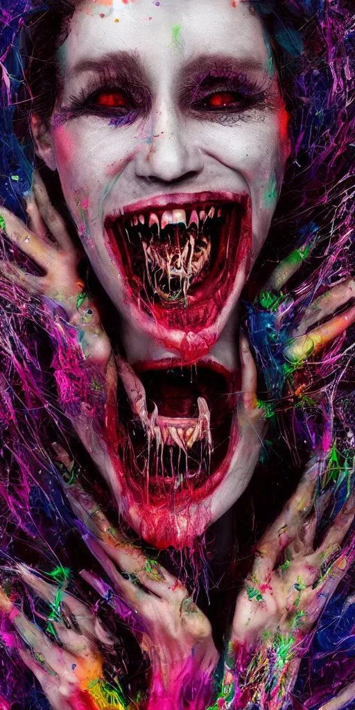 Prompt: impossibly beautiful vampire with large vampire fangs, full body, intricate complexity, surreal horror, psychedelic glitch art, rainbow drip paint, trending on art station, photoreal, 8k, octane render