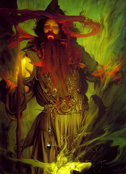 Image similar to wizard casting acid splash, dnd character art portrait, intricate fantasy painting, dramatic lighting, vivid colors, deviantart by edgar maxence and caravaggio and michael whelan and delacroix.