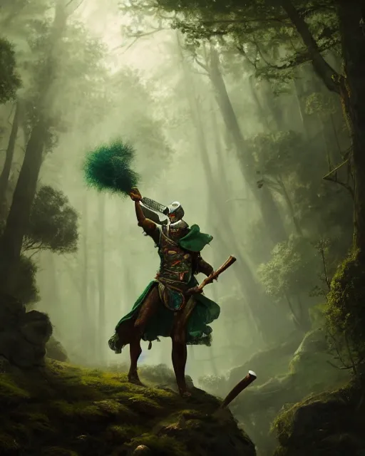 Image similar to oil painting of Anthropomorphized Sheep warrior holding giant club, wearing green cloak, sharp focus, fantasy style, octane render, volumetric lighting, 8k high definition, by greg rutkowski, highly detailed, trending on art Station, magic the gathering artwork, magical forest backround, centered