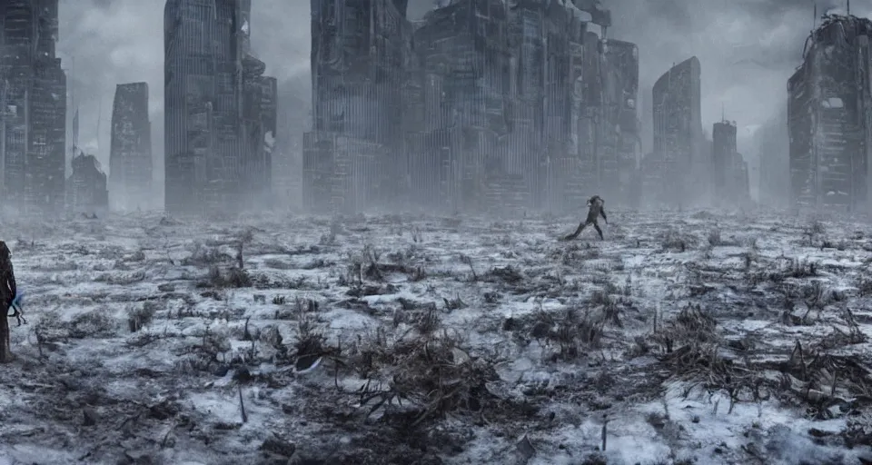 Image similar to a huge city walking on 8 spider legs through a post apocalyptic tundra, fantasy, cinematic