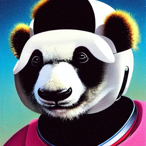 Image similar to Portrait of a Panda astronaut wearing helmet in the style of James Gilleard, Zdzislaw Beksinski, Mark Ryden, Wolfgang Lettl highly detailed, hints of Yayoi Kasuma