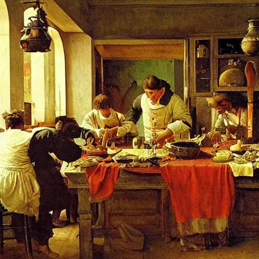 Image similar to Dramatic renaissance scene of cooking in the kitchen, by Greg Rutkowksi and Ilya Repin