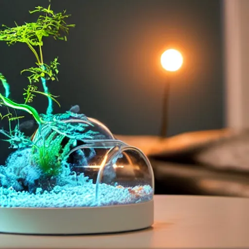 Prompt: a terrarium with nuclear reaction having meltdown, on top of a minimalist table, lit from the side